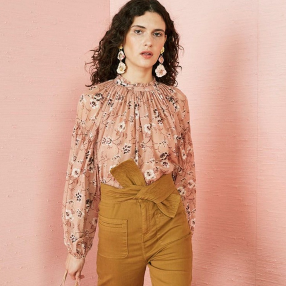 Ulla Johnson Arnoux Silk Blouse in Cafe Floral Print with Metallic Thread Size 0